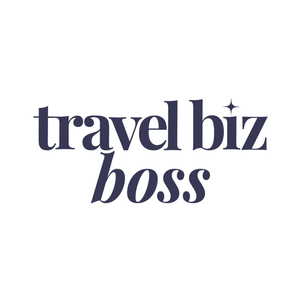 Logo displaying the words "travel biz boss" with a small star accent. Travel Biz Boss helps travel agents streamline their businesses with ready to use workflows systems training and support.